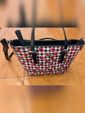 GUESS Black and White Gingham Tote with Red Floral Print